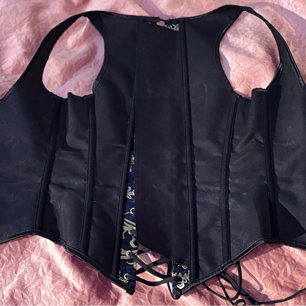 Navy and Gold Brocade Underbust Corset w/ Added Front Zipper Closure - Picture 10 of 12